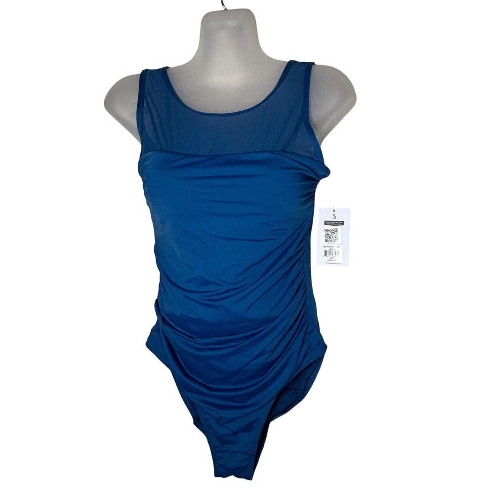 SKYE Carla One Piece Swimsuit Dawn Blue Mesh High Neck Ruched  Size Small NWT
